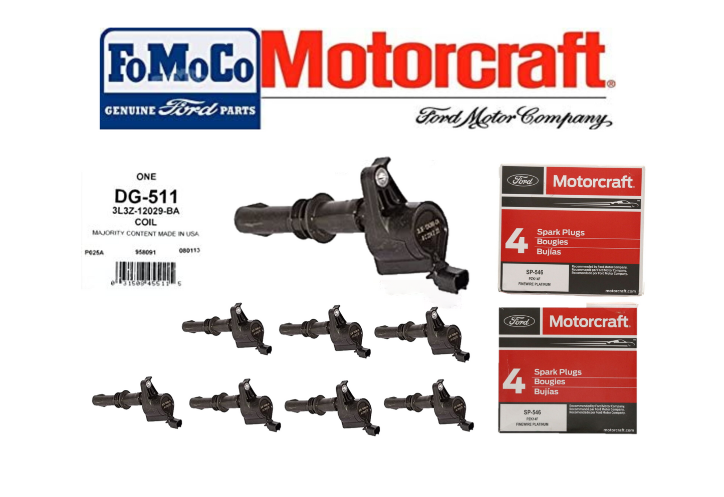 Ignition Coils Motorcraft DG511 & 8 Spark Plugs SP546 PZK14F Ford Ships Same Day