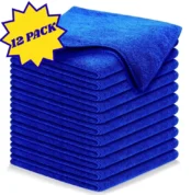 Stack of 12 folded blue microfiber towels, 400 GSM