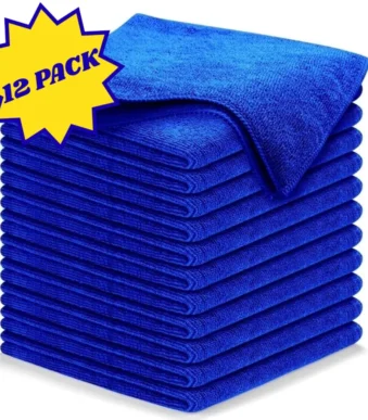 Stack of 12 folded blue microfiber towels, 400 GSM